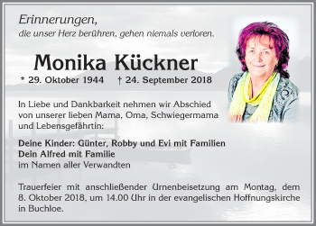 Traueranzeige von Monika Kückner von Allgäuer Zeitung, Kaufbeuren/Buchloe