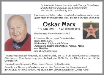 Traueranzeige von Oskar Marx von Allgäuer Zeitung, Kaufbeuren/Buchloe