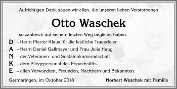 Traueranzeige von Otto Waschek von Allgäuer Zeitung, Kaufbeuren/Buchloe
