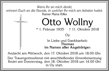 Traueranzeige von Otto Wollny von Allgäuer Zeitung