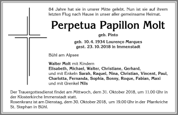 Traueranzeige von Perpetua Papillon Molt von Allgäuer Anzeigeblatt