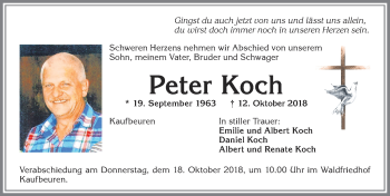 Traueranzeige von Peter Koch von Allgäuer Zeitung, Kaufbeuren/Buchloe