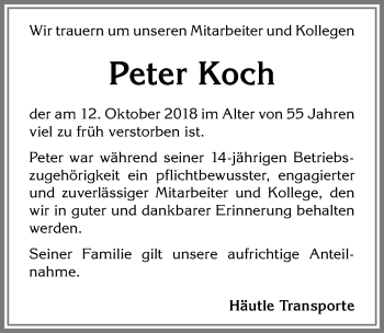 Traueranzeige von Peter Koch von Allgäuer Zeitung, Kaufbeuren/Buchloe