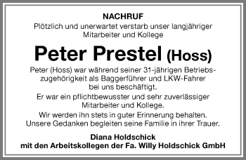 Traueranzeige von Peter Prestel von Allgäuer Zeitung,Kempten