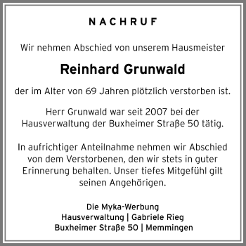 Traueranzeige von Reinhard Grunwald von Memminger Zeitung