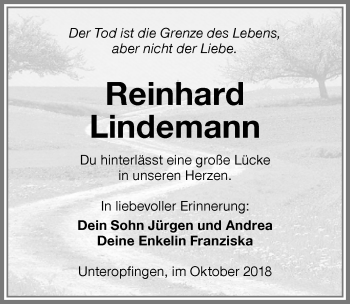 Traueranzeige von Reinhard Lindemann von Memminger Zeitung