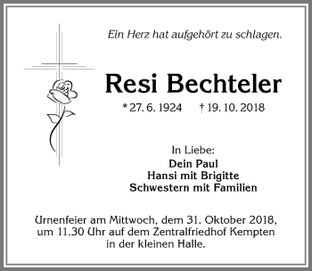 Traueranzeige von Resi Bechteler von Allgäuer Zeitung,Kempten