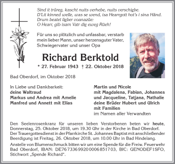Traueranzeige von Richard Berktold von Allgäuer Anzeigeblatt