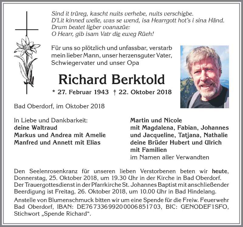  Traueranzeige für Richard Berktold vom 25.10.2018 aus Allgäuer Anzeigeblatt