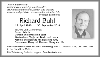 Traueranzeige von Richard Buhl von Allgäuer Zeitung,Kempten