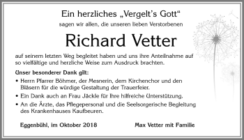 Traueranzeige von Richard Vetter von Allgäuer Zeitung, Marktoberdorf