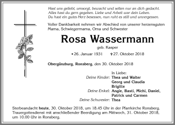 Traueranzeige von Rosa Wassermann von Allgäuer Zeitung, Marktoberdorf