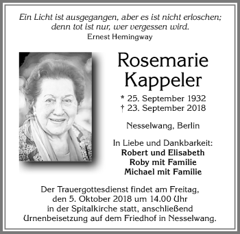 Traueranzeige von Rosemarie Kappeler von Allgäuer Zeitung, Füssen