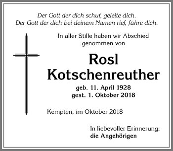 Traueranzeige von Rosl Kotschenreuther von Allgäuer Zeitung,Kempten