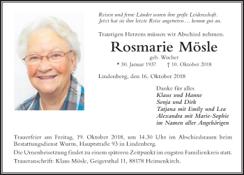 Traueranzeige von Rosmarie Mösle von Der Westallgäuer