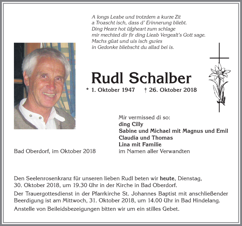  Traueranzeige für Rudl Schalber vom 30.10.2018 aus Allgäuer Anzeigeblatt
