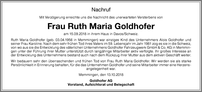  Traueranzeige für Ruth Maria Goldhofer vom 13.10.2018 aus Memminger Zeitung