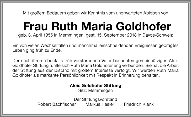  Traueranzeige für Ruth Maria Goldhofer vom 13.10.2018 aus Memminger Zeitung