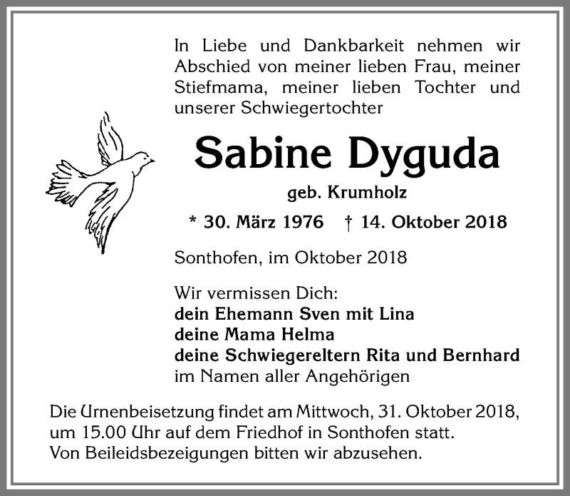  Traueranzeige für Sabine Dyguda vom 27.10.2018 aus Allgäuer Anzeigeblatt