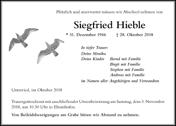 Traueranzeige von Siegfried Hieble von Der Westallgäuer