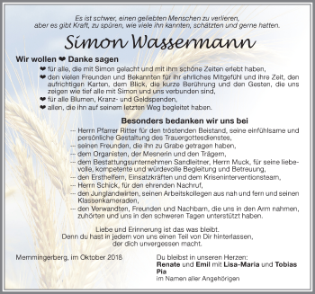 Traueranzeige von Simon Wassermann von Memminger Zeitung