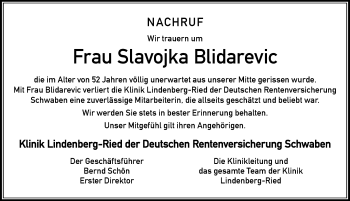 Traueranzeige von Slavojka Blidarevic von Der Westallgäuer