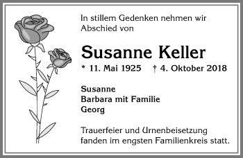 Traueranzeige von Susanne Keller von Allgäuer Zeitung, Kaufbeuren/Buchloe