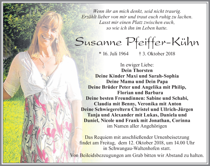  Traueranzeige für Susanne Pfeiffer-Kühn vom 09.10.2018 aus Allgäuer Zeitung, Füssen