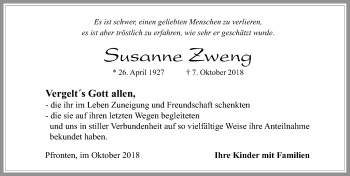 Traueranzeige von Susanne Zweng von Allgäuer Zeitung, Füssen