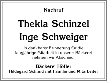 Traueranzeige von Thekla Schinzel von Allgäuer Zeitung, Füssen