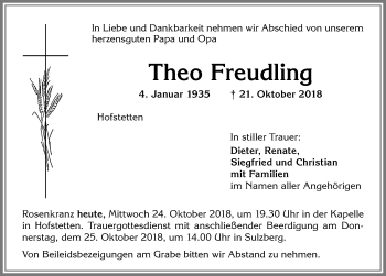 Traueranzeige von Theo Freudling von Allgäuer Zeitung,Kempten