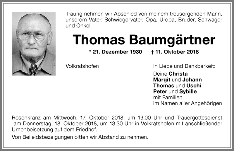  Traueranzeige für Thomas Baumgärtner vom 16.10.2018 aus Memminger Zeitung
