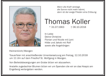 Traueranzeige von Thomas Koller von Der Westallgäuer