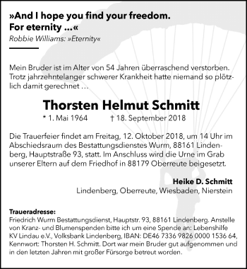 Traueranzeige von Thorsten Helmut Schmitt von Der Westallgäuer