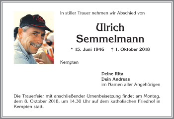 Traueranzeige von Ulrich Semmelmann von Allgäuer Zeitung,Kempten