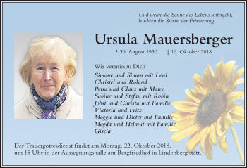 Traueranzeige von Ursula Mauersberger von Der Westallgäuer