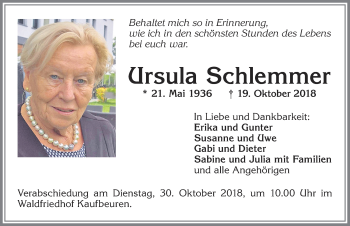 Traueranzeige von Ursula Schlemmer von Allgäuer Zeitung, Kaufbeuren/Buchloe