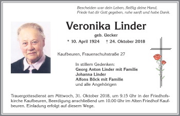 Traueranzeige von Veronika Linder von Allgäuer Zeitung