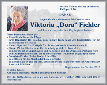 Traueranzeige von Viktoria Fickler von Memminger Zeitung