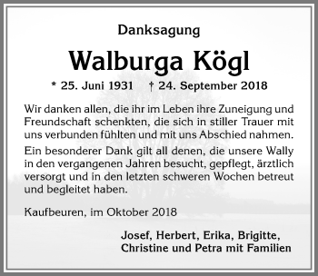 Traueranzeige von Walburga Kögl von Allgäuer Zeitung, Kaufbeuren/Buchloe