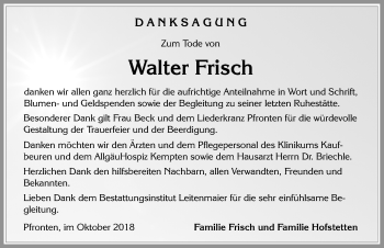 Traueranzeige von Walter Frisch von Allgäuer Zeitung, Füssen
