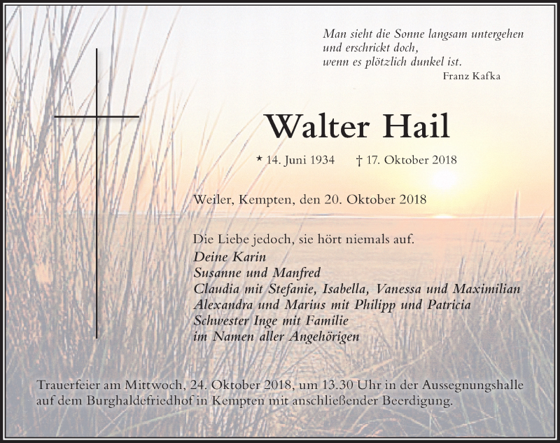  Traueranzeige für Walter Hail vom 20.10.2018 aus Allgäuer Zeitung,Kempten