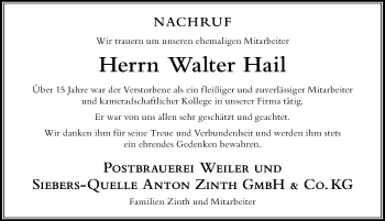 Traueranzeige von Walter Hail von Der Westallgäuer
