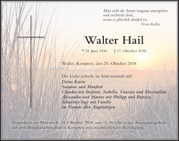 Traueranzeige von Walter Hail von Allgäuer Zeitung,Kempten
