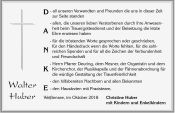 Traueranzeige von Walter Huber von Allgäuer Zeitung, Füssen