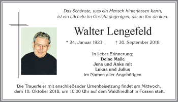 Traueranzeige von Walter Lengefeld von Allgäuer Zeitung, Füssen