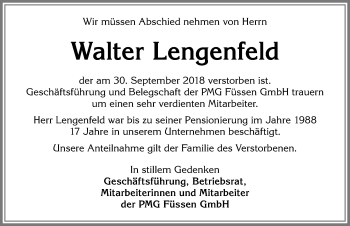 Traueranzeige von Walter Lengenfeld von Allgäuer Zeitung, Füssen
