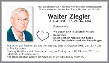 Traueranzeige von Walter Ziegler von Allgäuer Zeitung, Kaufbeuren/Buchloe