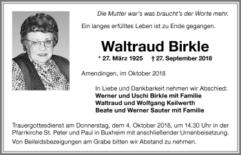 Traueranzeige von Waltraud Birkle von Memminger Zeitung