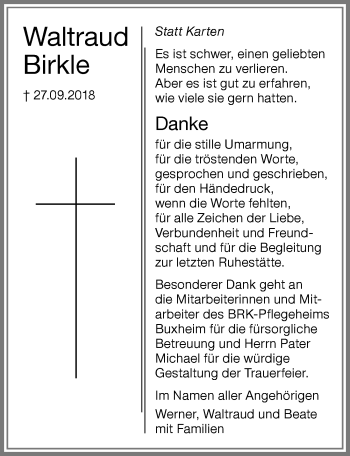 Traueranzeige von Waltraud Birkle von Memminger Zeitung